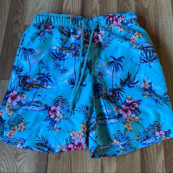 Jake Austin Board Shorts Swim Trunks Lined Large Hawaiian Palm Trees Beach sz S - Picture 1 of 5